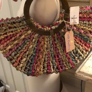 Multicolor Woven Handbag with Wooden Handles